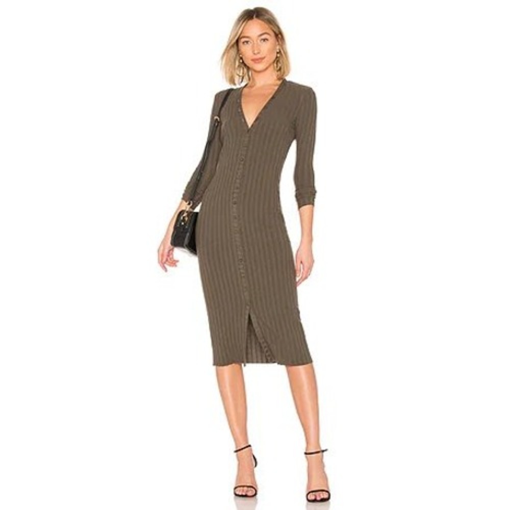 Enza Costa Ribbed Button Down Midi Dress Olive Green Brown Long Sleeve Knit - S